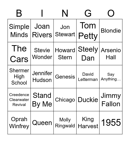 80s Teen Movies, 70s/80s Music, & Talk Show Hosts Bingo Card