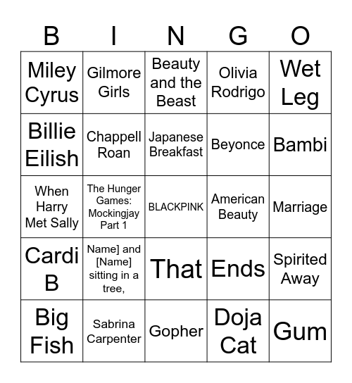 Playground Rhymes, Female Artists, & Flowers on Film Bingo Card