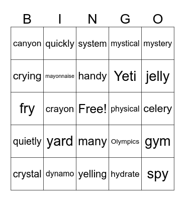 Sounds of Y Bingo Card