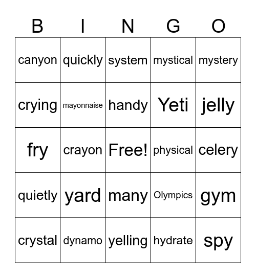 Sounds of Y Bingo Card