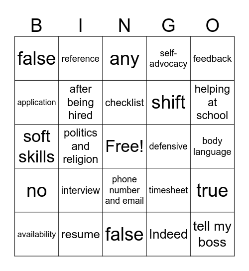 Work Readiness Review Bingo Card