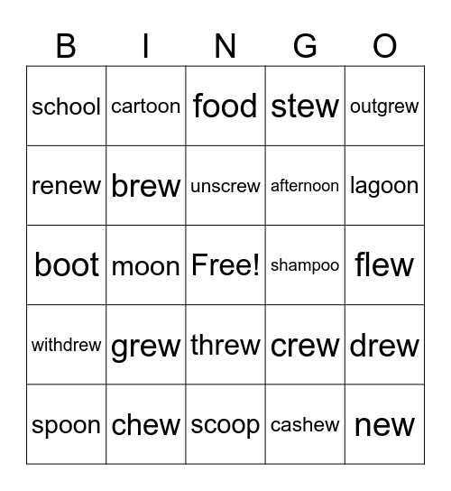 "oo" and "ew" words Bingo Card