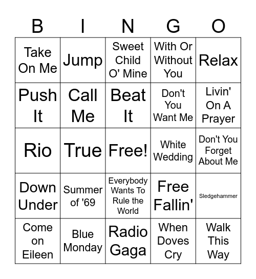 1980's Hits Bingo Card