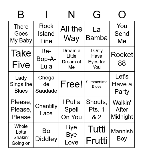 50's Music Bingo Card