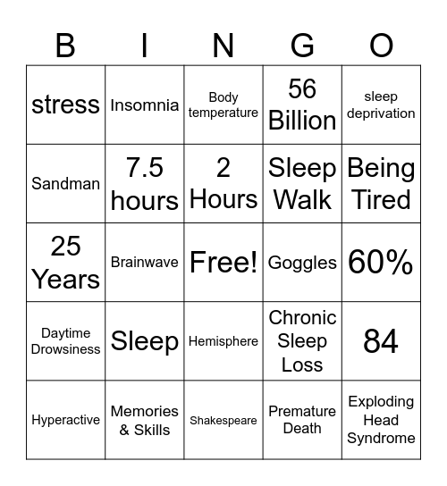 Sleep Hygiene Bingo Card