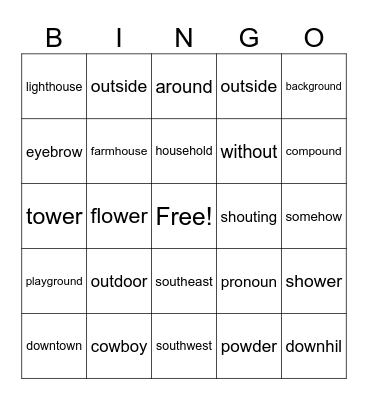 ou, ow /ow/  2 syllables Bingo Card
