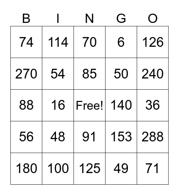 Multiplication Bingo Card