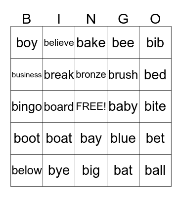 Words that start with B Bingo Card