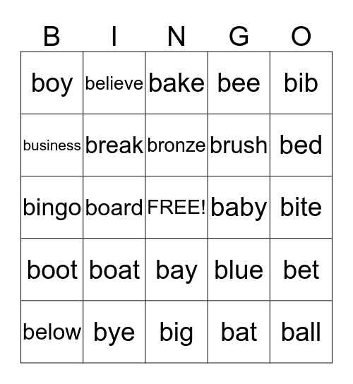 Words that start with B Bingo Card