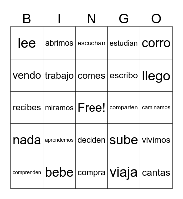 Regular Verbs Bingo Card
