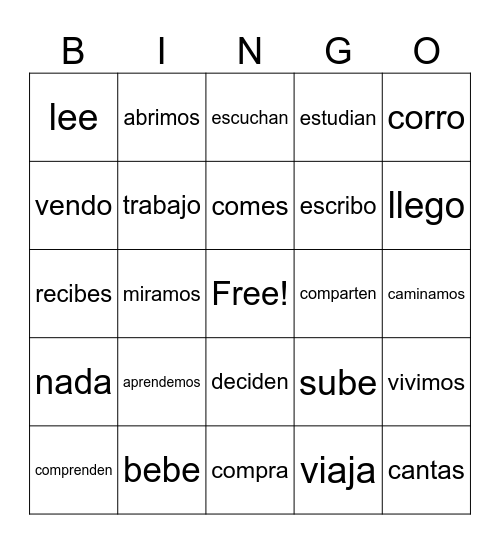Regular Verbs Bingo Card