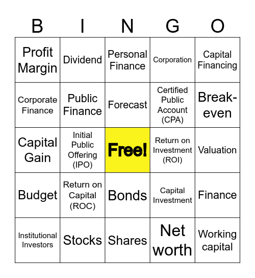 Finance Terminology Bingo Card