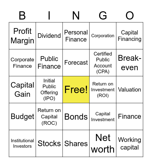 Finance Terminology Bingo Card