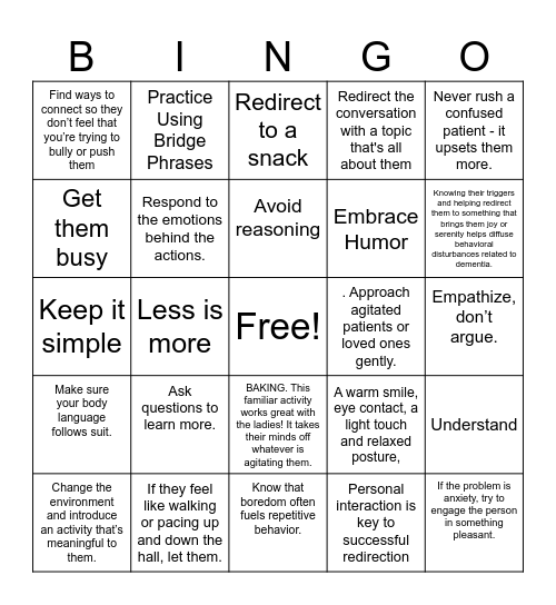DEMENTIA RE-DIRECTING  BINGO Card