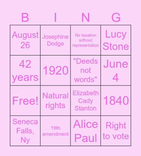 Women's Suffrage Bingo Card