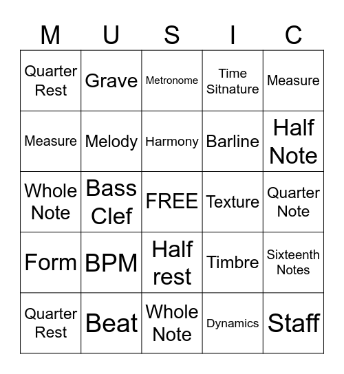Elements of Music Bingo Card
