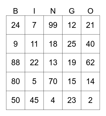 English Numbers Bingo Card