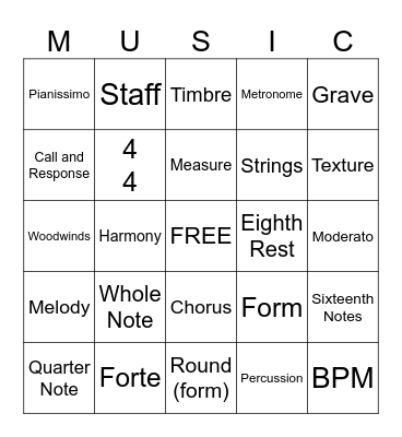 KIPP Elements of Music Bingo Card