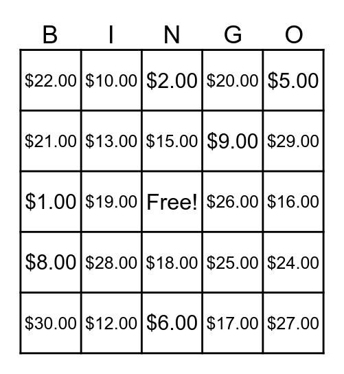 Find the Next Dollar Amount Bingo Card