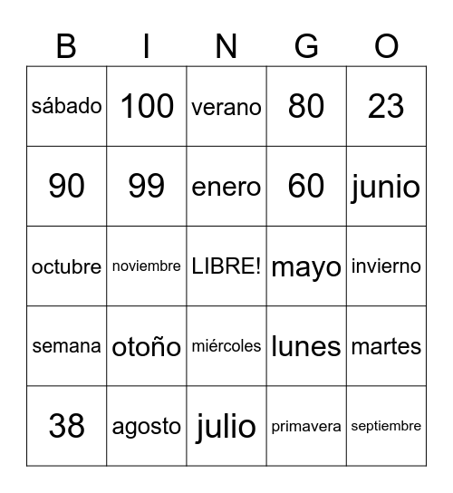 Números y tiempo Bingo Card