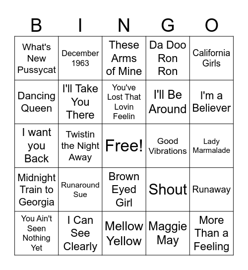 60's & 70's Bingo Card