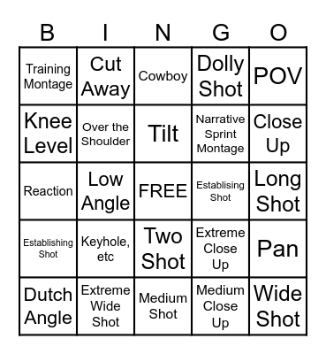 Videomaking Camera Shots and Angles Bingo Card