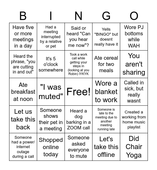A day in the life of a WAH employee Bingo Card