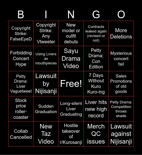 Kurosanji Q4: The Game Bingo Card