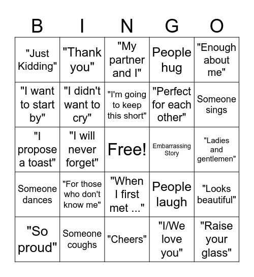 Wedding Speech Bingo Card