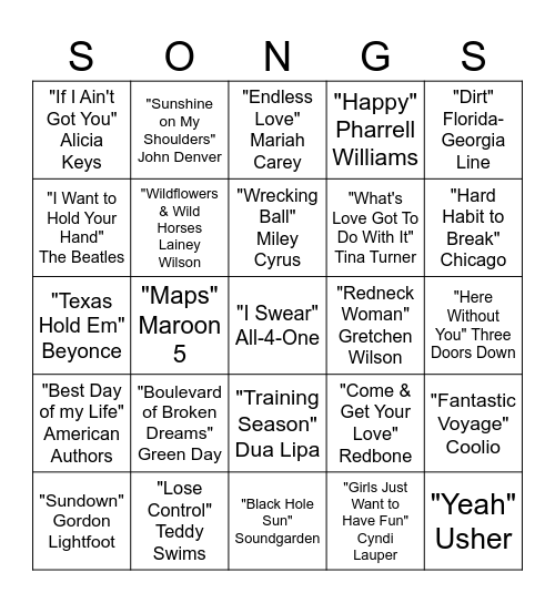 Song Bingo Card