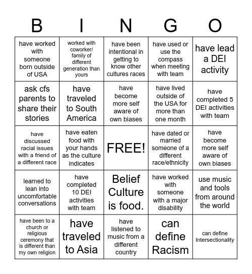 Cultural Bingo Card