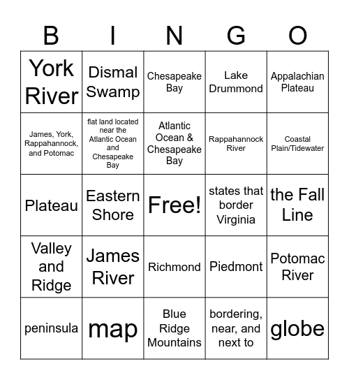 VS 2 Virginia Geography Bingo Card