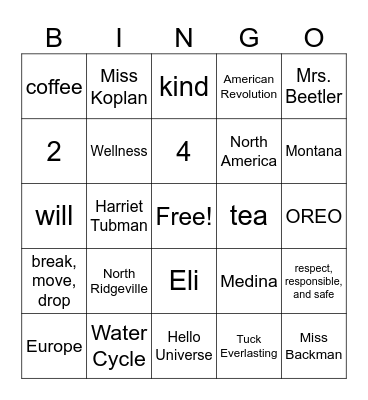 2023-2024 4th Grade Memories Bingo Card