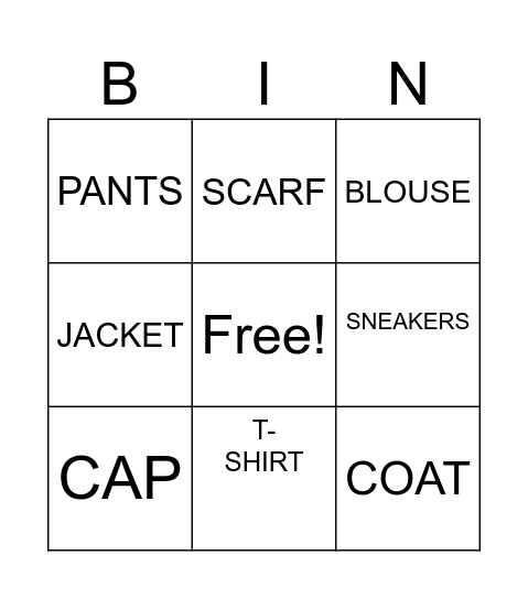 CLOTHES Bingo Card