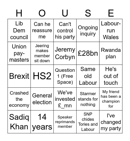 PMQs Bingo Card