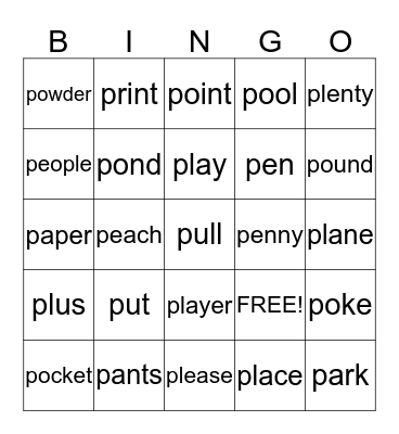 Words that start with P Bingo Card