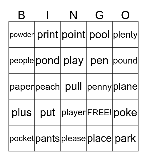 Words that start with P Bingo Card