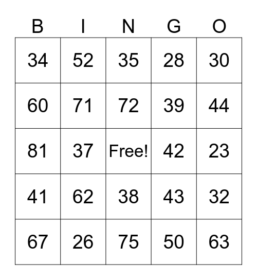 Numbers 21-90 Bingo Card