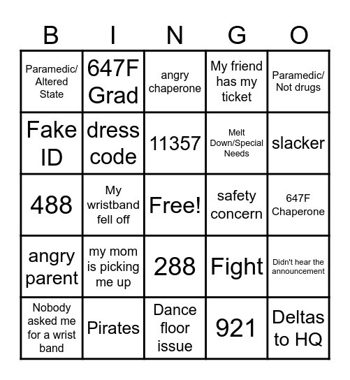 Grad Night Bingo Card