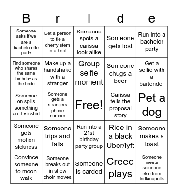 Bachelorette bingo Card