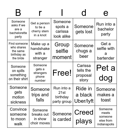 Bachelorette bingo Card