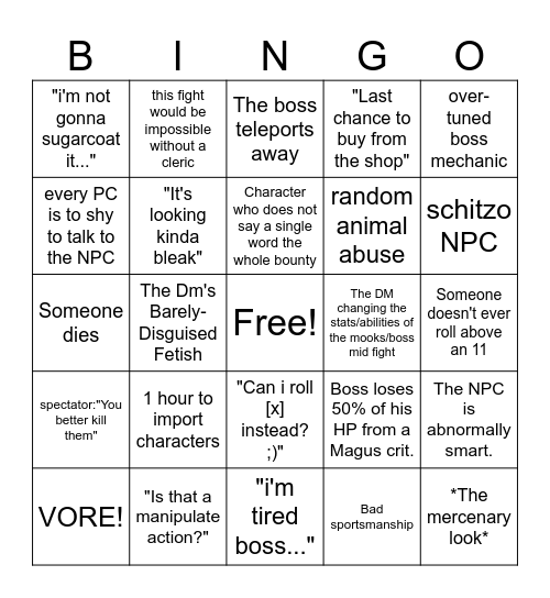 Cradle Bounty Bingo Card