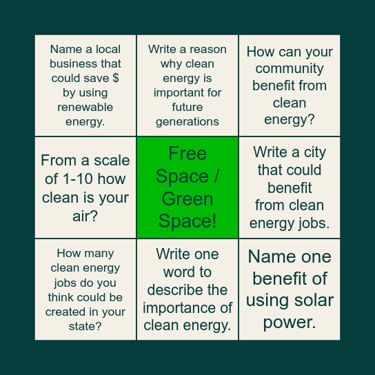 Clean Energy Advocate Bingo Card