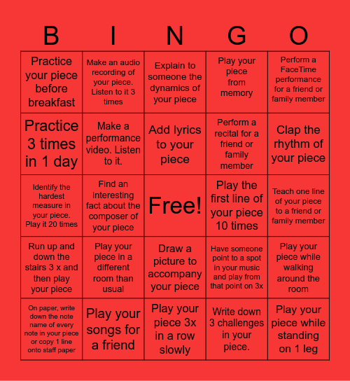 Recital Practice Bingo Card