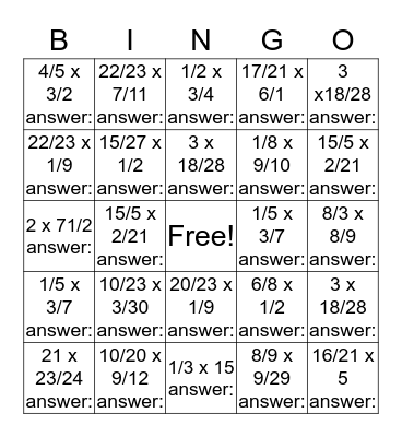 multiplying fractions Bingo Card