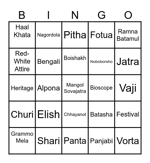 Pohela Boishakh Bingo Card