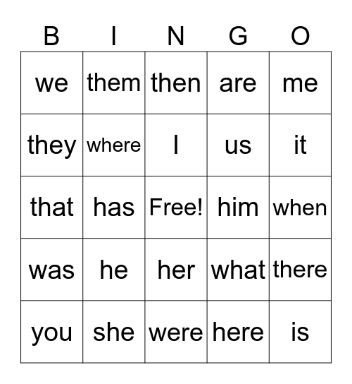 Function Word Bingo Card