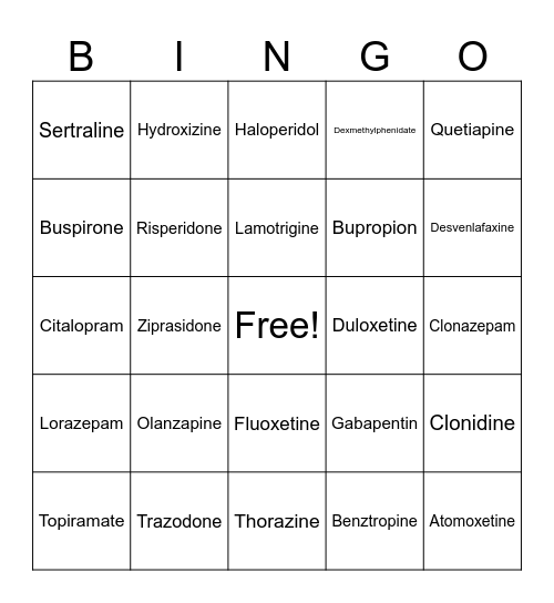 Psychotropic Medication BINGO Card