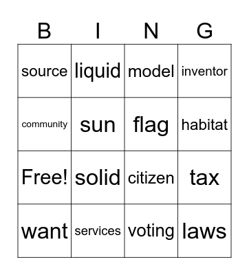 First grade Science/Social Studies Bingo Card