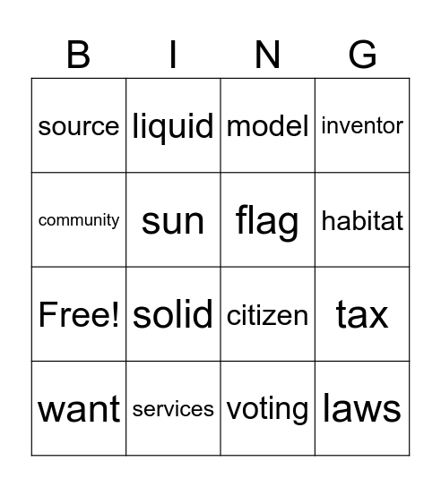 First grade Science/Social Studies Bingo Card